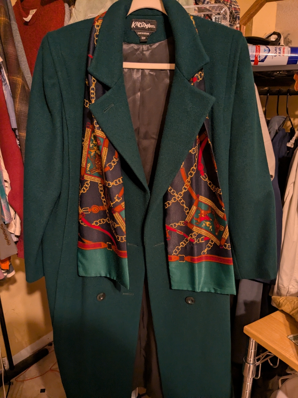 Karizma-Women's Dark Green Wool Blend Long Coat with Patterned Scarf- Size 10p